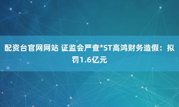 配资台官网网站 证监会严查*ST高鸿财务造假：拟罚1.6亿元